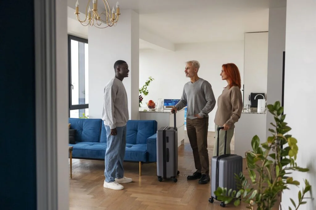 Hôte accueillant des voyageurs dans un logement